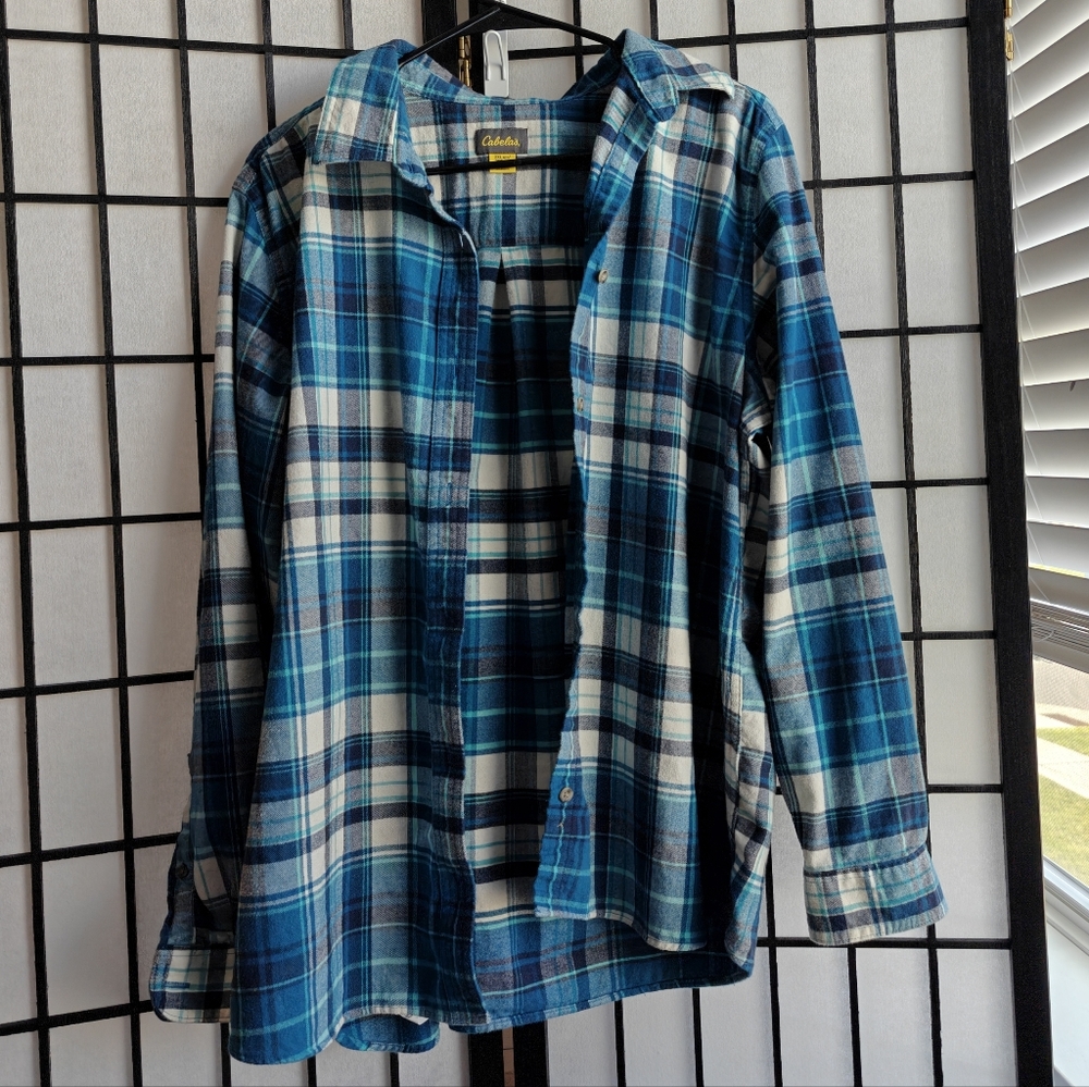 Cabela's Men's Blue Plaid Long Sleeve Button Up Flannel Shirt 2XL 100% Cotton